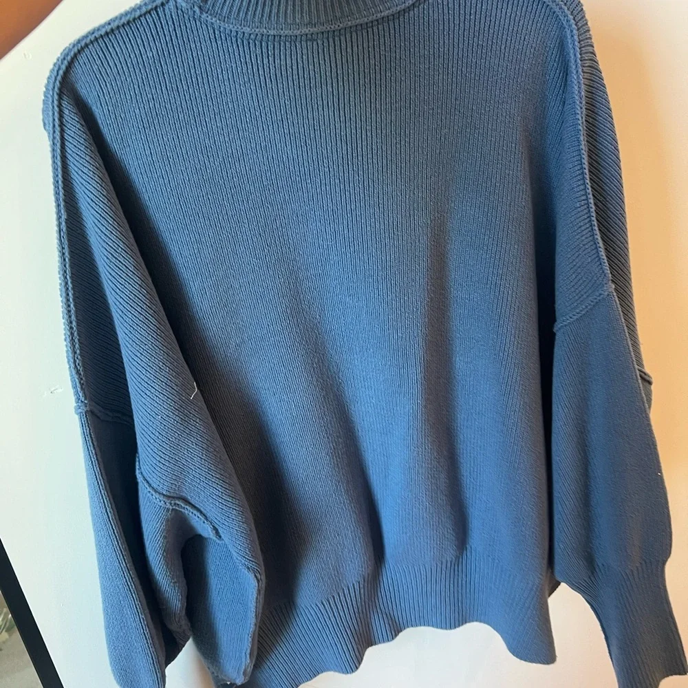 Free People Sky Blue Ribbed Crewneck Sweater